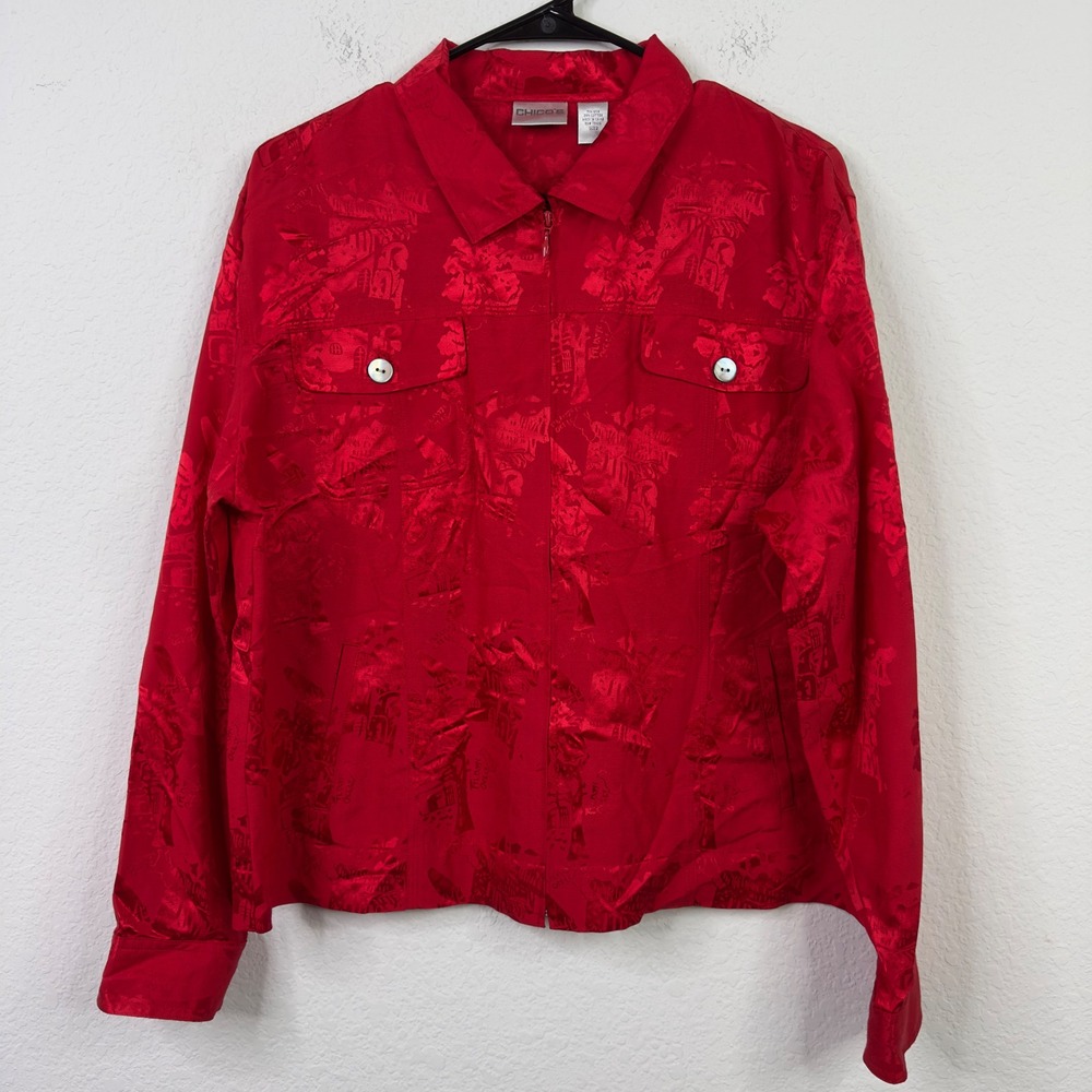 Chicos Jacket Womens 2/L Red Silk Blend Floral Jacquard Luxury Whimsical‎ Artsy